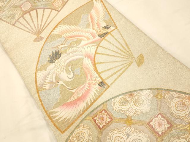 平和屋着物◎綴れ 太鼓柄袋帯 手描き 扇天井双鶴花文 金銀彩 正絹 逸品 AAAM7905fw
