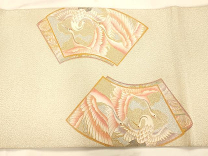 平和屋着物◎綴れ 太鼓柄袋帯 手描き 扇天井双鶴花文 金銀彩 正絹 逸品 AAAM7905fw