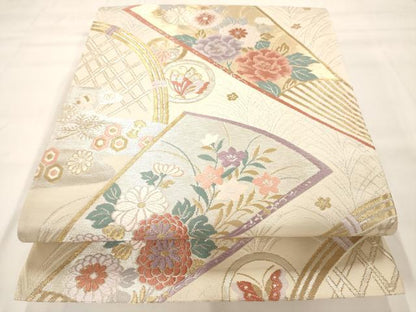 平和屋着物◎六通柄袋帯 唐織 扇面花蝶丸文 銀糸 正絹 逸品 AAAM7986jz