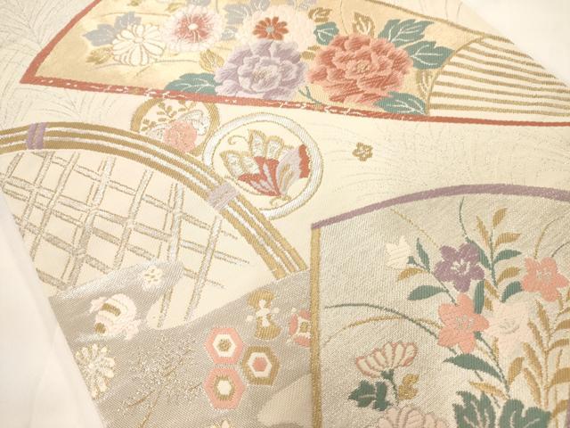 平和屋着物◎六通柄袋帯 唐織 扇面花蝶丸文 銀糸 正絹 逸品 AAAM7986jz