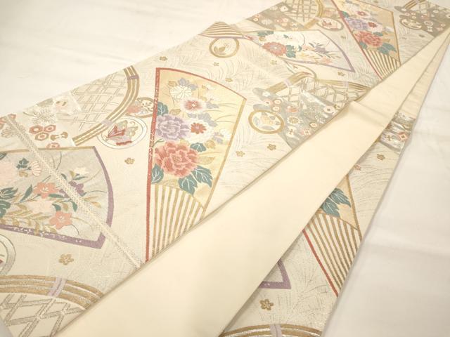 平和屋着物◎六通柄袋帯 唐織 扇面花蝶丸文 銀糸 正絹 逸品 AAAM7986jz