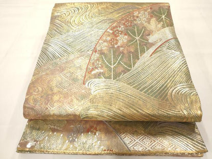 平和屋着物◎六通柄袋帯 流水地紙花文 金銀糸 正絹 逸品 AAAM7999jz