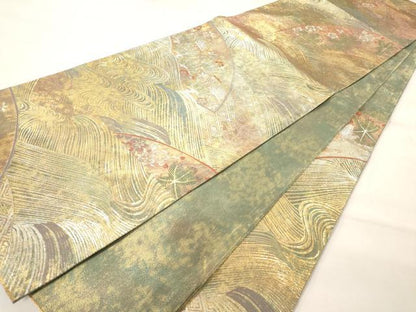 平和屋着物◎六通柄袋帯 流水地紙花文 金銀糸 正絹 逸品 AAAM7999jz
