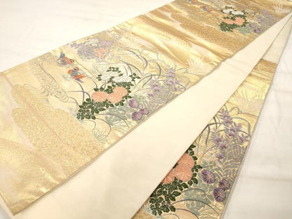 平和屋着物◎六通柄袋帯　唐織　日本屏風絵　金糸　正絹　逸品　AAAM8012jz
