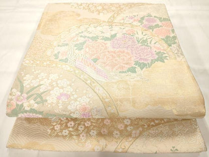 平和屋着物◎六通柄袋帯 雲取り絵皿草花文 金糸 正絹 逸品 AAAM8045jz