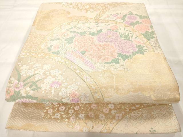 平和屋着物◎六通柄袋帯 雲取り絵皿草花文 金糸 正絹 逸品 AAAM8045jz