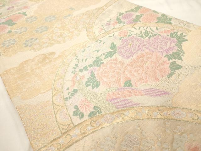 平和屋着物◎六通柄袋帯 雲取り絵皿草花文 金糸 正絹 逸品 AAAM8045jz