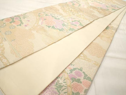 平和屋着物◎六通柄袋帯 雲取り絵皿草花文 金糸 正絹 逸品 AAAM8045jz