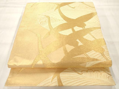 平和屋着物◎全通柄 本袋帯 流水群鶴文 金糸 正絹 逸品 AAAM8048jz