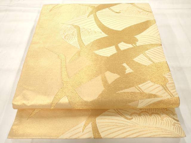 平和屋着物◎全通柄 本袋帯 流水群鶴文 金糸 正絹 逸品 AAAM8048jz