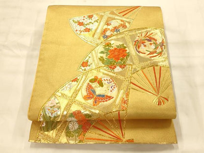 平和屋着物◎六通柄袋帯 唐織 扇天井花蝶鴛鴦文 金糸 正絹 逸品 AAAM8518fw