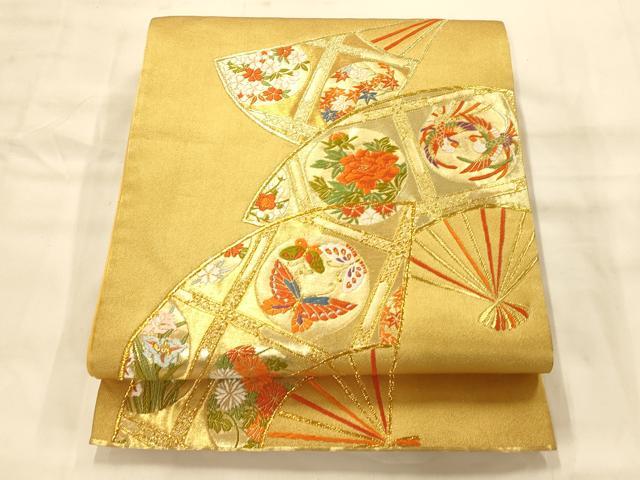 平和屋着物◎六通柄袋帯 唐織 扇天井花蝶鴛鴦文 金糸 正絹 逸品 AAAM8518fw