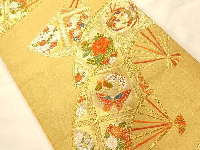 平和屋着物◎六通柄袋帯 唐織 扇天井花蝶鴛鴦文 金糸 正絹 逸品 AAAM8518fw