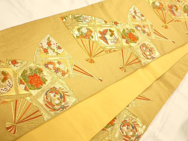 平和屋着物◎六通柄袋帯 唐織 扇天井花蝶鴛鴦文 金糸 正絹 逸品 AAAM8518fw