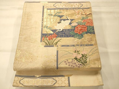 平和屋着物◎六通柄袋帯 唐織 天井流水草花鶴文 金糸 正絹 逸品 AAAM8548fw