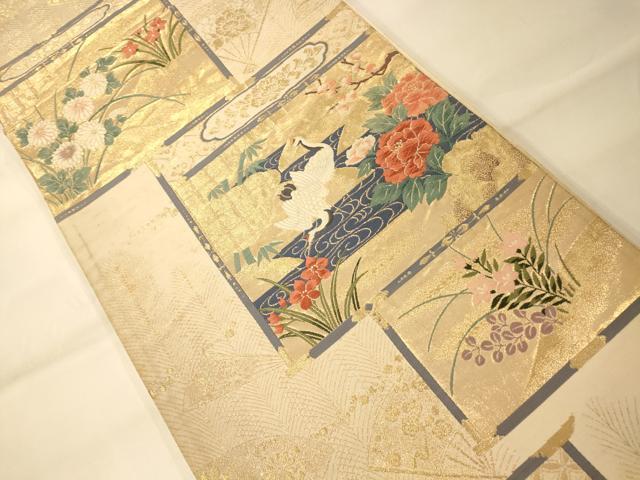 平和屋着物◎六通柄袋帯 唐織 天井流水草花鶴文 金糸 正絹 逸品 AAAM8548fw