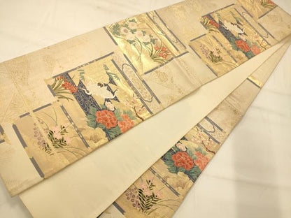 平和屋着物◎六通柄袋帯 唐織 天井流水草花鶴文 金糸 正絹 逸品 AAAM8548fw