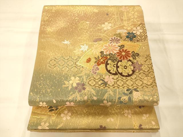 平和屋着物◎六通柄袋帯 唐織 地紙花車文 金糸 引箔 正絹 逸品 AAAM8551fw