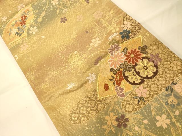 平和屋着物◎六通柄袋帯 唐織 地紙花車文 金糸 引箔 正絹 逸品 AAAM8551fw