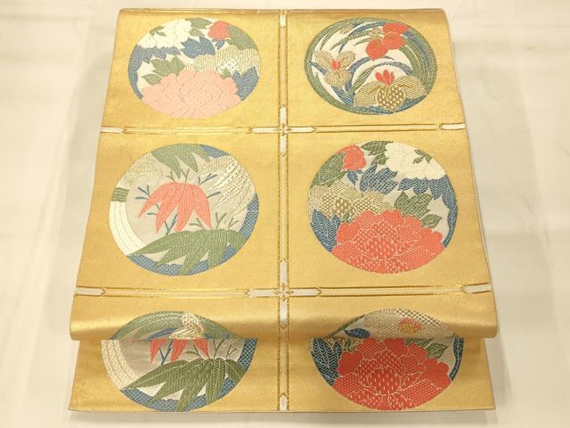 平和屋着物◎六通柄袋帯 刺繍 天井花丸文 金銀糸 正絹 逸品 AAAM8559fw