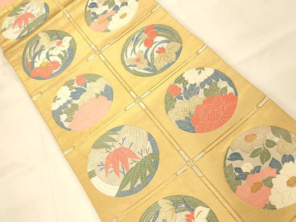 平和屋着物◎六通柄袋帯 刺繍 天井花丸文 金銀糸 正絹 逸品 AAAM8559fw