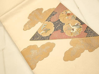 平和屋着物◎太鼓柄袋帯 駒刺繍 総刺繍 雲取り雪輪草花鶴文 金糸 金銀彩 正絹 逸品 AAAM8579fw