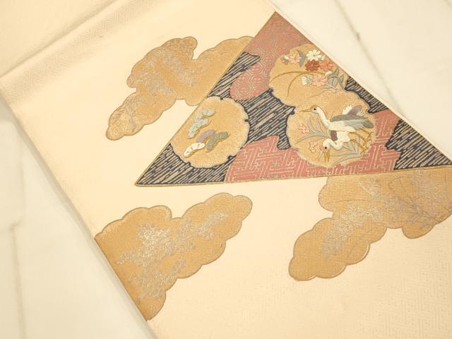 平和屋着物◎太鼓柄袋帯 駒刺繍 総刺繍 雲取り雪輪草花鶴文 金糸 金銀彩 正絹 逸品 AAAM8579fw