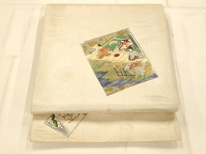 平和屋着物◎太鼓柄袋帯 刺繍 霞人物色紙重ね文 金銀糸 正絹 逸品 AAAM8583fw