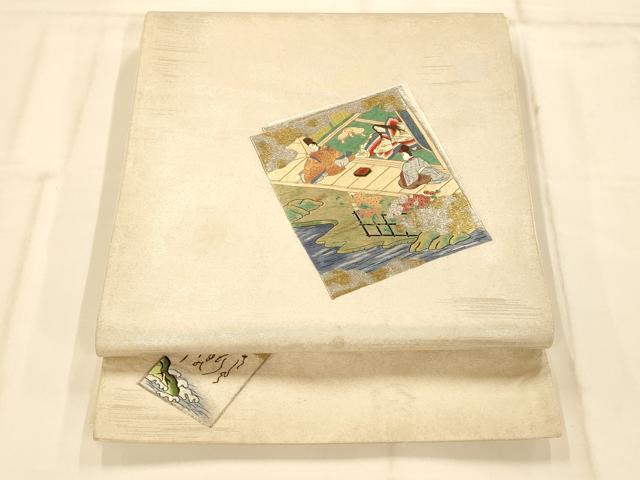 平和屋着物◎太鼓柄袋帯 刺繍 霞人物色紙重ね文 金銀糸 正絹 逸品 AAAM8583fw