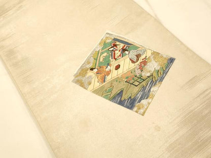 平和屋着物◎太鼓柄袋帯 刺繍 霞人物色紙重ね文 金銀糸 正絹 逸品 AAAM8583fw