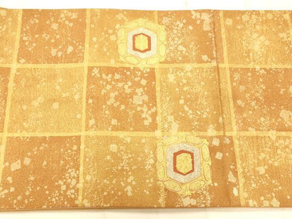平和屋着物◎太鼓柄袋帯 作家物 亀甲飾花格子文 金銀彩 引箔 正絹 逸品 AAAM8586fw