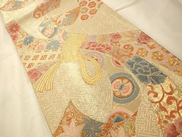 平和屋着物◎佐賀錦 六通柄袋帯 唐織 束ね熨斗吉祥文様 金糸 正絹 逸品 AAAM8632fw
