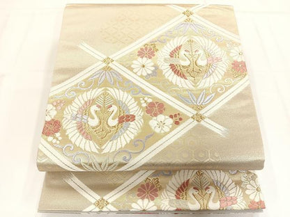 平和屋着物◎六通柄袋帯 向い鶴菱文 金糸 正絹 逸品 AAAM8672yx