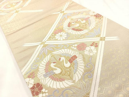 平和屋着物◎六通柄袋帯 向い鶴菱文 金糸 正絹 逸品 AAAM8672yx