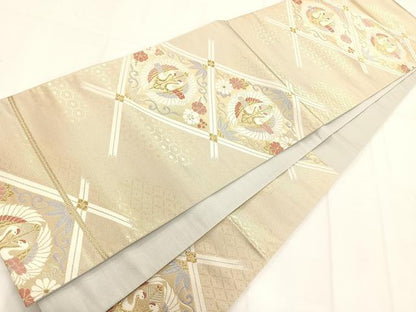 平和屋着物◎六通柄袋帯 向い鶴菱文 金糸 正絹 逸品 AAAM8672yx