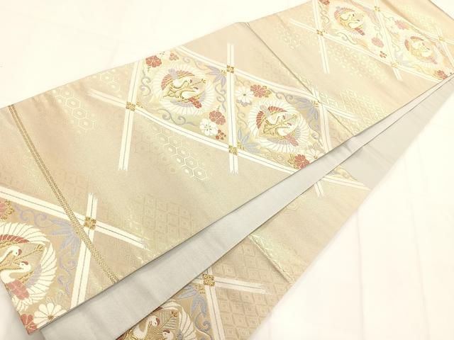 平和屋着物◎六通柄袋帯 向い鶴菱文 金糸 正絹 逸品 AAAM8672yx