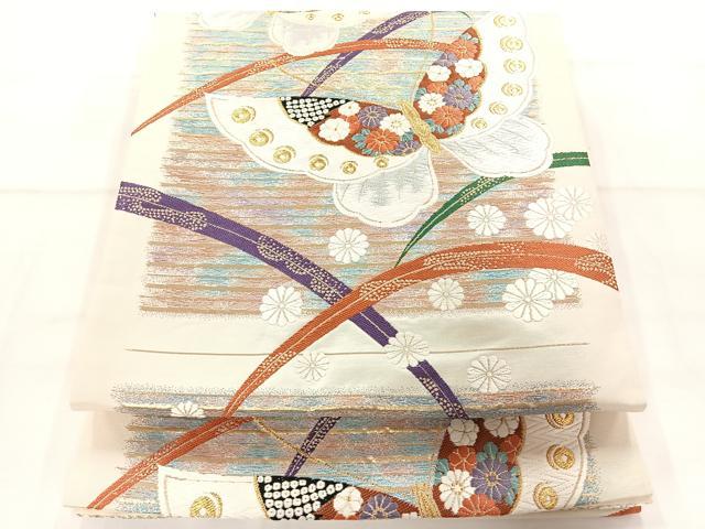 平和屋着物◎六通柄袋帯 唐織 花蝶文 金糸 正絹 逸品 AAAM8680yx