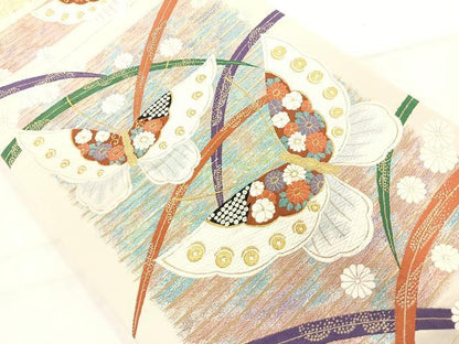 平和屋着物◎六通柄袋帯 唐織 花蝶文 金糸 正絹 逸品 AAAM8680yx