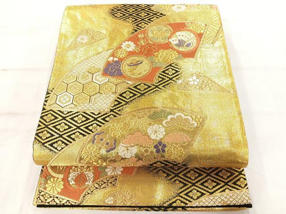 平和屋着物◎六通柄袋帯 地紙吉祥花文 金糸 引箔 正絹 逸品 AAAM8686yx
