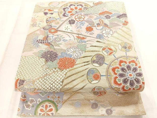 平和屋着物◎六通柄袋帯 扇面花鳥文 金糸 正絹 逸品 AAAM8755yx