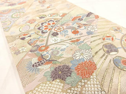 平和屋着物◎六通柄袋帯 扇面花鳥文 金糸 正絹 逸品 AAAM8755yx