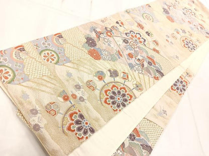 平和屋着物◎六通柄袋帯 扇面花鳥文 金糸 正絹 逸品 AAAM8755yx