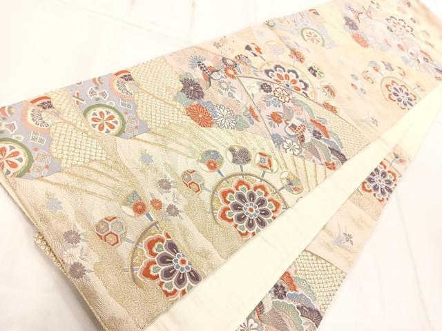 平和屋着物◎六通柄袋帯 扇面花鳥文 金糸 正絹 逸品 AAAM8755yx