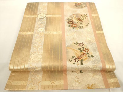 平和屋着物◎六通柄袋帯 孔雀花文 金糸 正絹 逸品 AAAM9561jx