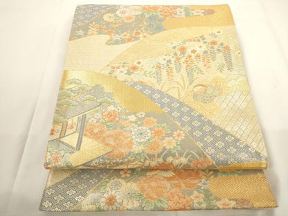 平和屋着物◎佐賀錦　六通柄袋帯　九百錦　飛鶴花文　金糸　正絹　逸品　AAAM9567jx