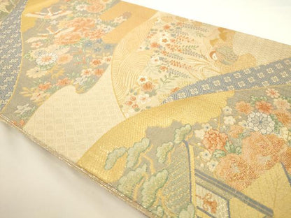 平和屋着物◎佐賀錦　六通柄袋帯　九百錦　飛鶴花文　金糸　正絹　逸品　AAAM9567jx
