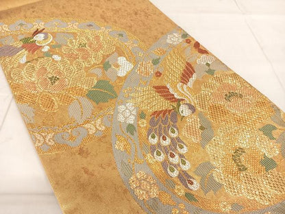 平和屋着物◎六通柄袋帯 花鳥丸文 金糸 正絹 逸品 AAAM9818np