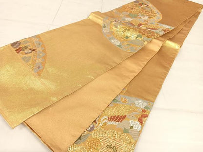 平和屋着物◎六通柄袋帯 花鳥丸文 金糸 正絹 逸品 AAAM9818np