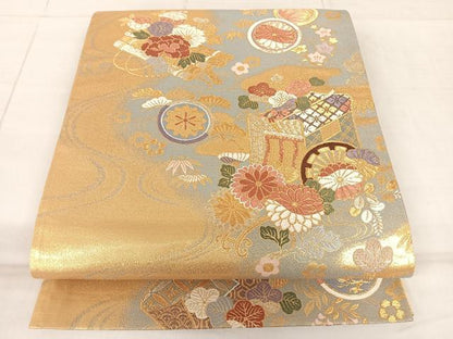 平和屋着物◎六通柄袋帯　吉祥御所車花文　金糸　正絹　逸品　AAAM9823np