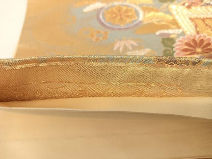 平和屋着物◎六通柄袋帯　吉祥御所車花文　金糸　正絹　逸品　AAAM9823np